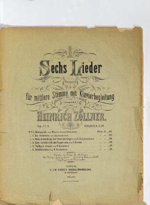 Sechs Lieder : für mittlere Stimme mit Klavierbegleitung ; Op. 22 B ; No. 1. Maiengruß, von Walter von der Vogelweide, No. 2. Im Sommer, aus dem Estnischen, No. 3. Wenn du dein Haupt zur Brust mir neigst, von H. Öhlschläger, No. 4. Lieb Seelchen laß das Fragen sein, von H. Hopfen, No. 5. Triftiger Grund, von R. Baumbach, No. 6. Waldröselein, von R. Baumbach