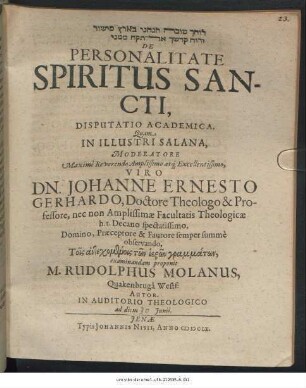 De Personalitate Spiritus Sancti, Disputatio Academica