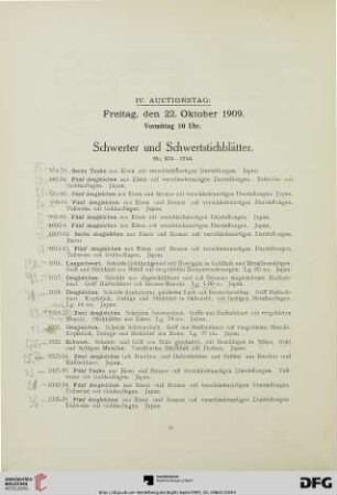 IV. Auctionstag Freitag, den 22. Oktober 1909, Vormittag 10 Uhr. Schwerter und Schwertstichblätter. (Nr. 974-1244)