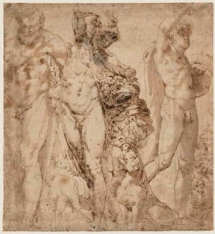 Ruhender Herkules, Satyr mit Trauben und Panther sowie eine weitere antike Skulptur (vermutlich ebenfalls ein Satyr mit Trauben)