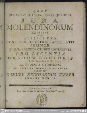 Dissertatio Inauguralis Iuridica Iura Molendinorum Exhibens