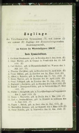 Zöglinge des Vitzthumschen Gymnasiums (V) und interne (I) wie externe (E) Zöglinge der Bessenbergerschen Erziehungsanstalt, am Schlusse des Winterhalbjahres 1856/57