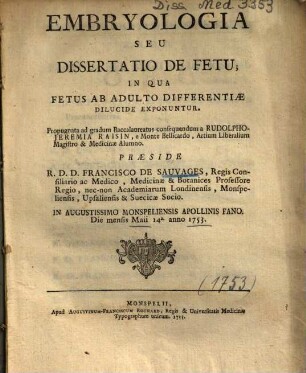 Embryologia Seu Dissertatio De Fetu : In Qua Fetus Ab Adulto Differentiae Dilucide Exponuntur