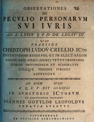 Observationes de peculio personarum sui iuris : ad L. LXXIX § I D. De legat. III