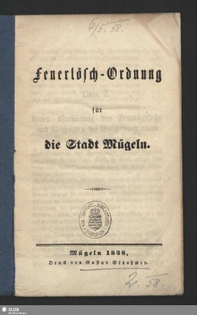 Feuerlösch-Ordnung für die Stadt Mügeln
