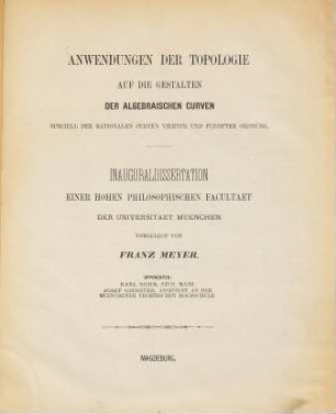 Anwendungen der Topologie auf die Gestalten der algebraischen Curven, speciell der rationalen Curven vierter und fünfter Ordnung