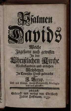 Psalmen Davids : Welche Ingesamt nach gewissen In der Christlichen Kirche Wolbekandten und üblichen Melodeyen