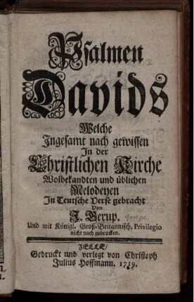 Psalmen Davids : Welche Ingesamt nach gewissen In der Christlichen Kirche Wolbekandten und üblichen Melodeyen