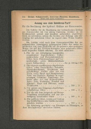 Auszug aus dem Gebühren-Tarif für die Benützung der hydraul. Krähne am Entenwerder.