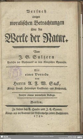 Versuch einiger moralischen Betrachtungen über die Werke der Natur