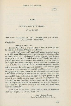 LXXIII Tunisi - Gran Bretagna 13 aprile 1826