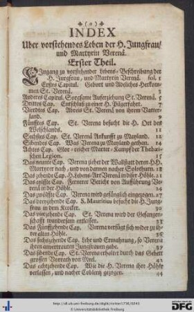 Index über vorstehendes Leben der H. Jungfrau und Martyrin Verenae.