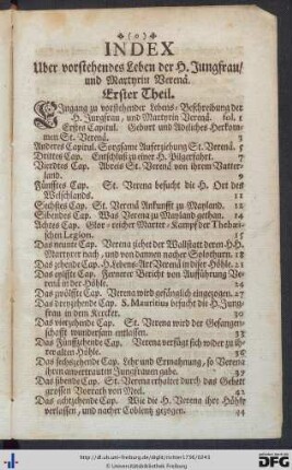 Index über vorstehendes Leben der H. Jungfrau und Martyrin Verenae.