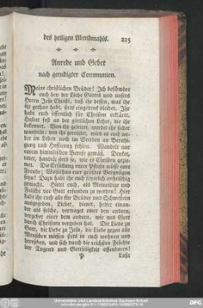 Anrede und Gebet nach geendigter Communion.