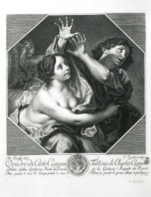 Quadro di Carlo Cignani : Zucchi, Lorenzo (1704-1779), Torelli, Stefano (1712-1784 nach Cignani, Carlo (1628-1719). Quadro di Carlo Cignani (Joseph und Potiphars Weib). Kupferstich; 31,5 x 28,1 cm. Dresden: Kupferstich-Kabinett A 105226 in A 975,2
