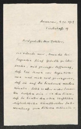 Brief von Werner Kraft an Gerhart Hauptmann