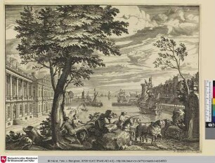 [Ansicht einer Schlossanlage mit Hafen, im Vordergrund eine Pferdekutsche]