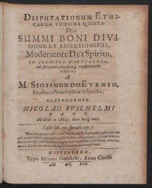 Disputationum Ethicarum Vicesima Quinta De Summi Boni Divisione Et Affectionibus