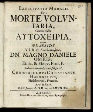 Exercitatio Moralis De Morte Voluntaria, Graecis dicta Autocheiria