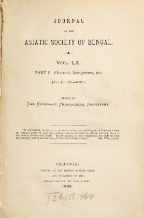 Journal of the Asiatic Society of Bengal. Part 1, History, antiquities, etc, 60. 1891 (1892), Part. 1