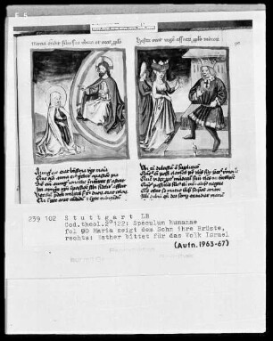 Zwei Schriften — Speculum humanae salvationis — Textseite mit zwei Miniaturen, Folio 90recto