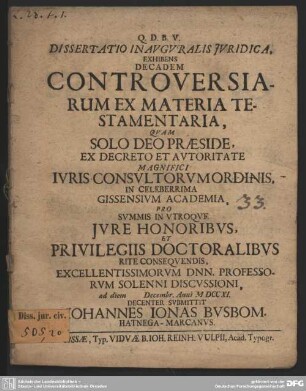 Dissertatio Inauguralis Iuridica, Exhibens Decadem Controversiarum Ex Materia Testamentaria