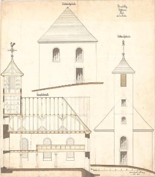 Dolmetsch, Heinrich; Holzhausen; Ev. Filialkirche, Renovierung - Westseite u. Ostseite (Ansichten); Längsschnitt