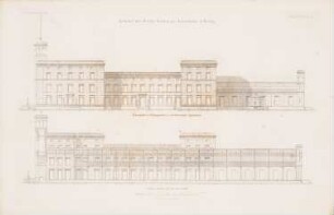 Hamburger Bahnhof, Berlin: Seitenansicht, Längsschnitt (aus: Atlas zur Zeitschrift für Bauwesen, hrsg. v. G. Erbkam, Jg. 6, 1856)