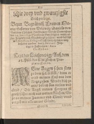 Die drey und zwantzigste Leichpredigt. Beym Begräbniß Frawen Maria/ Geborne von Weltwitz/ Daniels von Barleben Ehelichen Haußfrawen ...