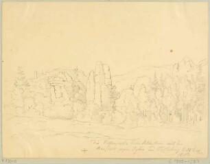 Felspartie beim Kelchstein (südlich von Oybin), Blick Richtung Norden nach Oybin mit der Burgruine und dem Töpferberg (?)