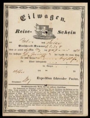 Eilwagen. Reiseschein von Bebra nach Steinau