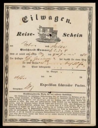 Eilwagen. Reiseschein von Bebra nach Steinau