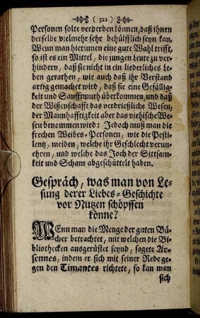 Gespräch, was man von Lesung derer Liebes-Geschichte vor Nutzen schöpfen könne?