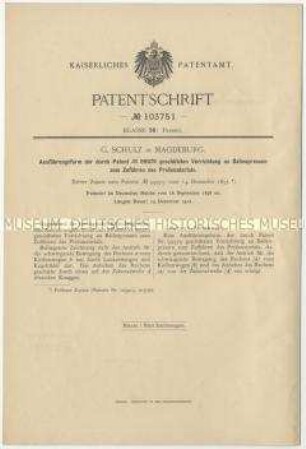 Patentschrift einer Vorrichtung an Ballenpressen für die Zuführung des Preßgutes, Patent-Nr. 103751