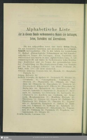Alphabetische Liste der in diesem Bande vorkommenden Namen der Gattungen, Arten, Varietäten und Aberrationen