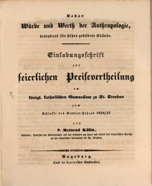 Jahresbericht über die Königliche Katholische Studien-Anstalt bei St. Stephan in Augsburg : im Studienjahre .., 1836/37