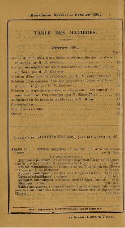 Tables des matières. Février 1881.