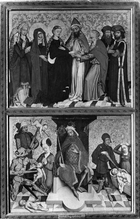 Altarflügel mit Vermählung Mariae : Altarflügel mit Vermählung Mariae. Tafelmalerei (1460; Meister des Riedener Altars). Rieden am Forggensee, Pfarrkirche Sankt Urban
