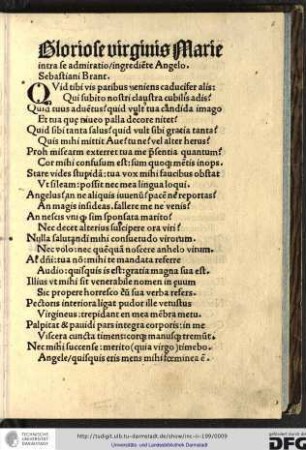 Gloriose virginis Marie intra se admiratio ingrediente angelo Sebastiani Brant.