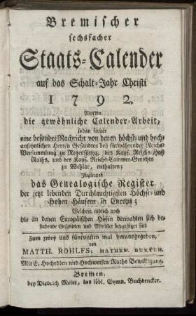 1792: Bremischer sechsfacher Staats-Calender