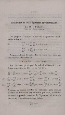 Intégration de deux équations differentielles.