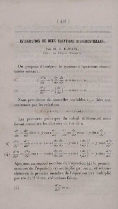 Intégration de deux équations differentielles.