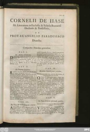 Cornelii De Hase SS. Literarum in Ecclesia & Schola Bremensi Doctoris & Professoris, De Prot-Euangelio Paradisiaco Diatribe.