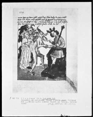 Jacobus Palladini de Anacharano, Prozeß des Teufels Belial mit Christus — Belial und ein anderer Teufel vor Salomo, daneben Moses