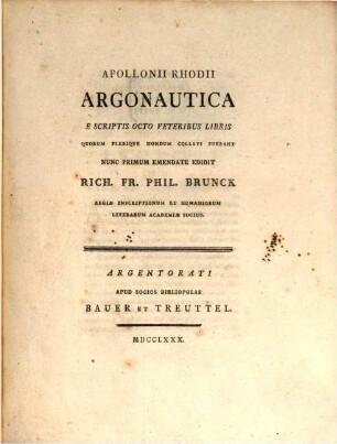Apollonii Rhodii Argonautica : E Scriptis Octo Veteribus Libris Quorum Plerique Nondum Collati Fuerant