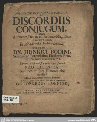 Disputatio Inauguralis Juridica, De Discordiis Conjugum