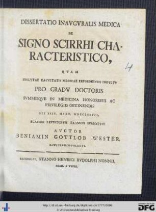 Dissertatio Inavgvralis Medica De Signo Scirrhi Characteristico