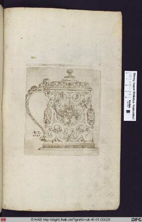 Deckelkrug, mit Ornamenten und Früchten verziert