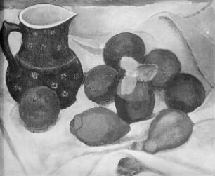 Stilleben mit blauem, weißgetüpfeltem Krug I