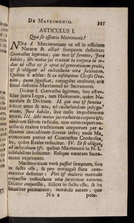 935-944, Articulus I. Quae sit essentia Matrimonii?